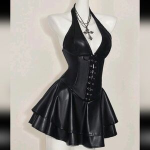 SHEIN Black Faux Leather Halter Dress